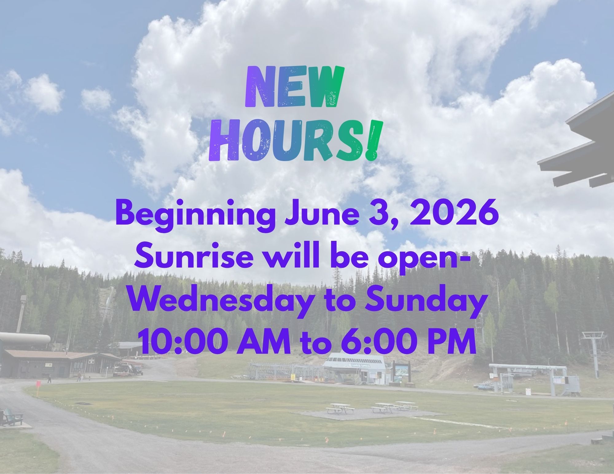 📢⛰️ NEW SUMMER HOURS STARTING JUNE 3, 2026! ⛰️📢
More mountain adventures are waiting! 🌲☀️
Beginning June 3, 2026, Sunrise Park Resort will be open:
🗓️ Wednesday through Sunday
⏰ 10:00 AM – 6:00 PM
Spend your days exploring the mountain with scenic lift rides, mountain biking, archery, disc golf, tubing, great food, and fresh mountain air. 🚵♂️🏹🌲
Gather your family, bring your friends, and make Sunrise part of your summer plans!
📍 See you on the mountain!
