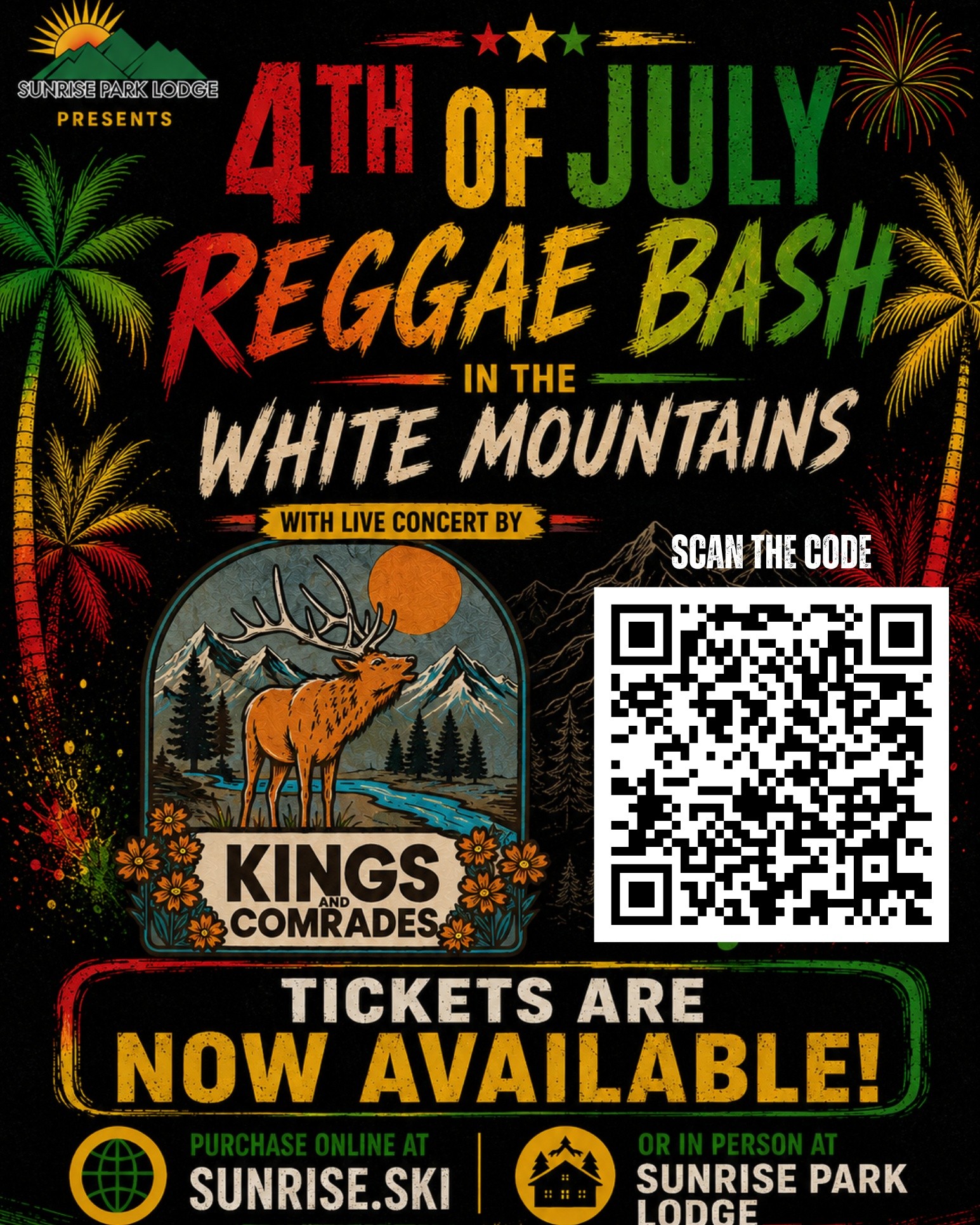 🎶 We’re excited to announce that tickets for the Reggae Bash in the White Mountains are now available online! Get your tickets today at Sunrise.ski and join us for an unforgettable 4th of July celebration.
🎉 WIN A FREE TICKET! 🎉
The Sunrise Park Lodge is giving away **5 General Admission tickets** today only!
To enter:
✅ Share this post
✅ Tag Sunrise Park Lodge in the comments on this post
That's it! You'll be entered for a chance to win one of five free tickets to the concert.
*This giveaway is open to the general public. Sunrise Park Resort employees are not eligible to enter.*
Good luck, and we can’t wait to celebrate with you at the Reggae Bash in the White Mountains! 🌴🎵
We will announce the winners tomorrow!