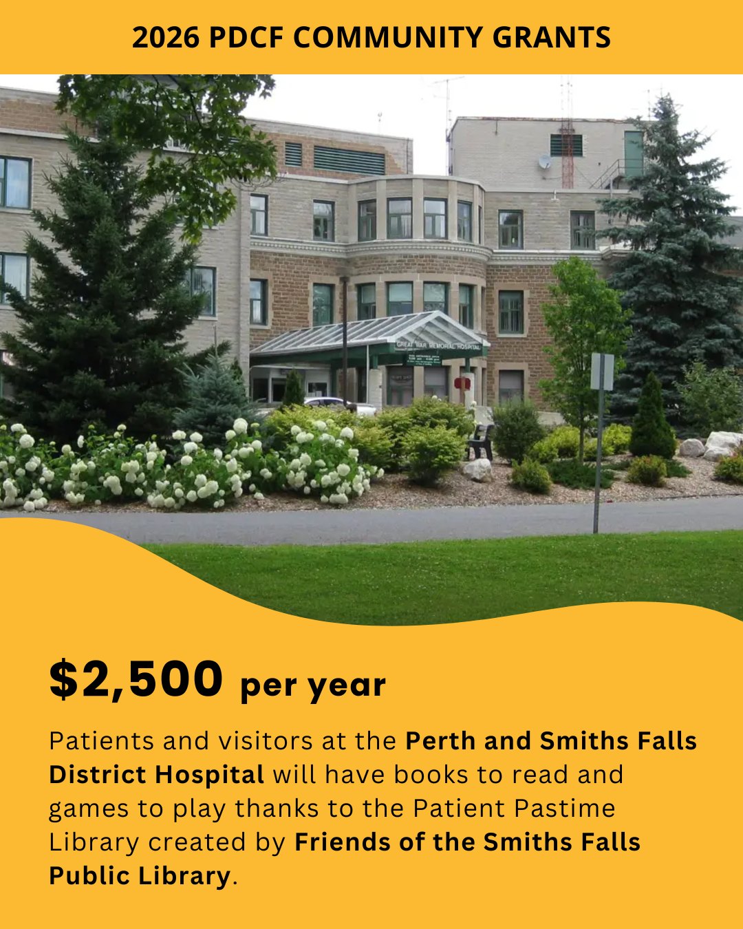 This two-year grant funds the Patient Pastime Library organized by the Friends of the Smiths Falls Public Library. Patients and visitors at both campuses of the Perth and Smiths Falls District Hospital will have books to read and games to play to help pass the time while they receive medical care.
PDCF Community Grants are supported by the PDCF Community Granting Fund. Consider making a donation today at www.pdcf.ca/donate. Learn more about all our 2026 grant recipients via the link in our bio 🔗