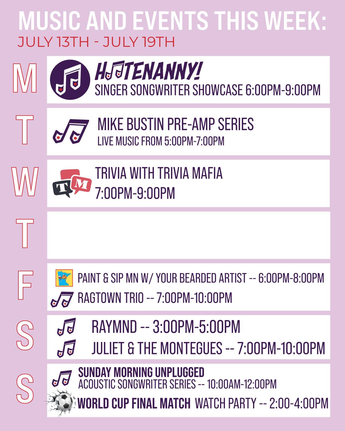 What’s happening at Badger? Here’s the Brew-down.
MONDAY: Open 7am - 10pm
🎙🎵Monday Night Hootenanny - Open Mic.
Hosted by Janet Wirth & Roy Holdren— with guest appearances by Chris Cole & Ralph Dacut - Mics on from 6:00pm-9:00pm — Sign up starts at 5:30
TUESDAY: Open 7am - 10pm
🎶Pre-Show Amphitheater Series - Live music - Mike Bustin on stage from 5:00-7:00pm
WEDNESDAY: Open 7am - 10pm
💡🧠Trivia with Trivia Mafia from 7:00-9:00pm
THURSDAY: Open 7am - 10pm
FRIDAY: Open 7am - 11pm
Paint & Sip Minnesota will be here painting and sipping with Your Bearded Artist from 6:00pm - 8:00pm >>>Tickets: https://www.paintandsipmn.com/badger-hill-brewing
🎶Live music - Ragtown Trio on stage from 7:00-10:00pm
SATURDAY: Open 8am - 11pm
🎶Live music - Raymond on stage from 3:00-5:00pm
🎶Live music - Juliet & the Montages on stage from 7:00-10:00pm
SUNDAY: Open 8am - 10pm
🎵Sunday Morning Unplugged -10:00am-12:00pm - Acoustic songwriter experience with: Evonne Boom Bilotta-Burke, Bob & Glenda Niemiec, Pat Egan, Roy Holdren, John Gilmore, Forrest Hunter, Ray Coudret, & of course your host Janet Wirth
⚽️World Cup Final Match - Watch Party at Badger Hill starting at 2pm! TV’s ON, Sound ON, GAME ON!
Cheers!!🍻☕️🎶