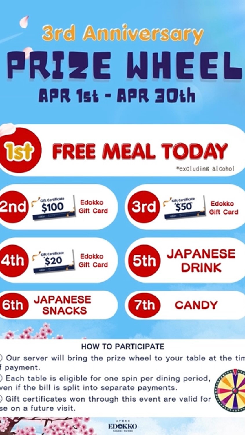 🎉 3rd Anniversary Event is here!!! 🎉
Spin the wheel and win prizes like
FREE MEAL, Gift cards, Drinks, and more! 🎁
✔️Apr 1st – Apr 30th
Don’t miss it!
#sushi #richmond #vancouver #japanesefood #yvrfoodie