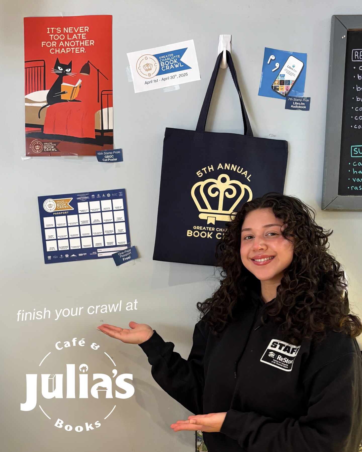 If you needed your final push to wrap up the book crawl at Julia’s… consider this your sign 📚✨ Maya’s ready for you!
Swing by before the end of April to stamp your passport, snag your prizes, browse for your next read, and treat yourself to a cozy drink ☕📖