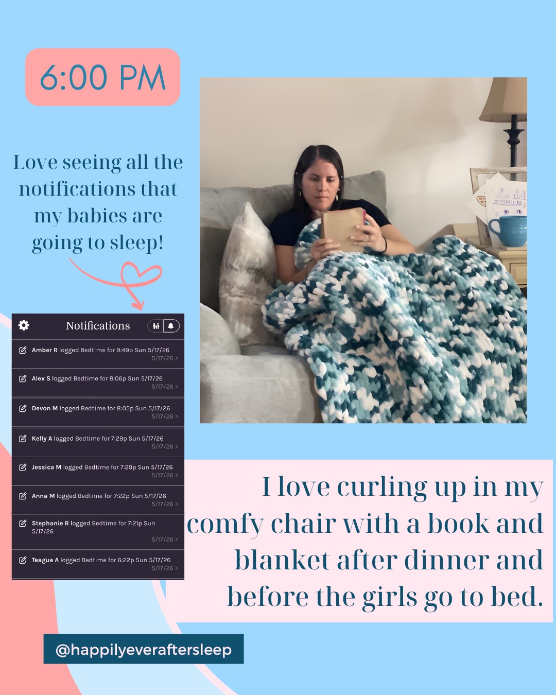 Day in the Life at Happily Ever After Sleep
6:30 AM: Just getting home from work! ☀️
Did you know I’m also a Postpartum Doula? Most nights I’m working overnight with newborns, helping parents get more sleep. 😴
I also spend some time from 6:30-8:00 AM checking sleep logs first thing in the morning to see how all of my babies slept!
8:15 AM: Dropping off my youngest to school. My oldest is in Middle School so she is already at school by this time! 🏫
9:00-10:00 AM: My dedicated me time at the gym. I love boxing and it keeps my sane! I go 4-5x a week! 🥊
10:30 AM: Ready to tackle my day. I check in with clients, look at sleep logs and take new client calls. I also spend some time on social media and send out emails. 💻
3:30 PM: Both of my kids are home from school. I unpack their lunch boxes and help with homework then figure out what’s for dinner! 🍲
6:00 PM: Relaxing in my big comfy chair with a book after dinner and before bedtime. 📕
I love seeing all the notifications that my babies are going to sleep! 😴
8:00 PM: My girls are both in bed by 8:00 PM every night! I make sure to tuck them in before I go to work. I’m a little more lenient on non school nights, but I know they need their sleep! 🌙
I hope you enjoyed this sneak peek into my day to day!
Want more helpful tips on baby & toddler sleep? Follow me @happilyeveraftersleep