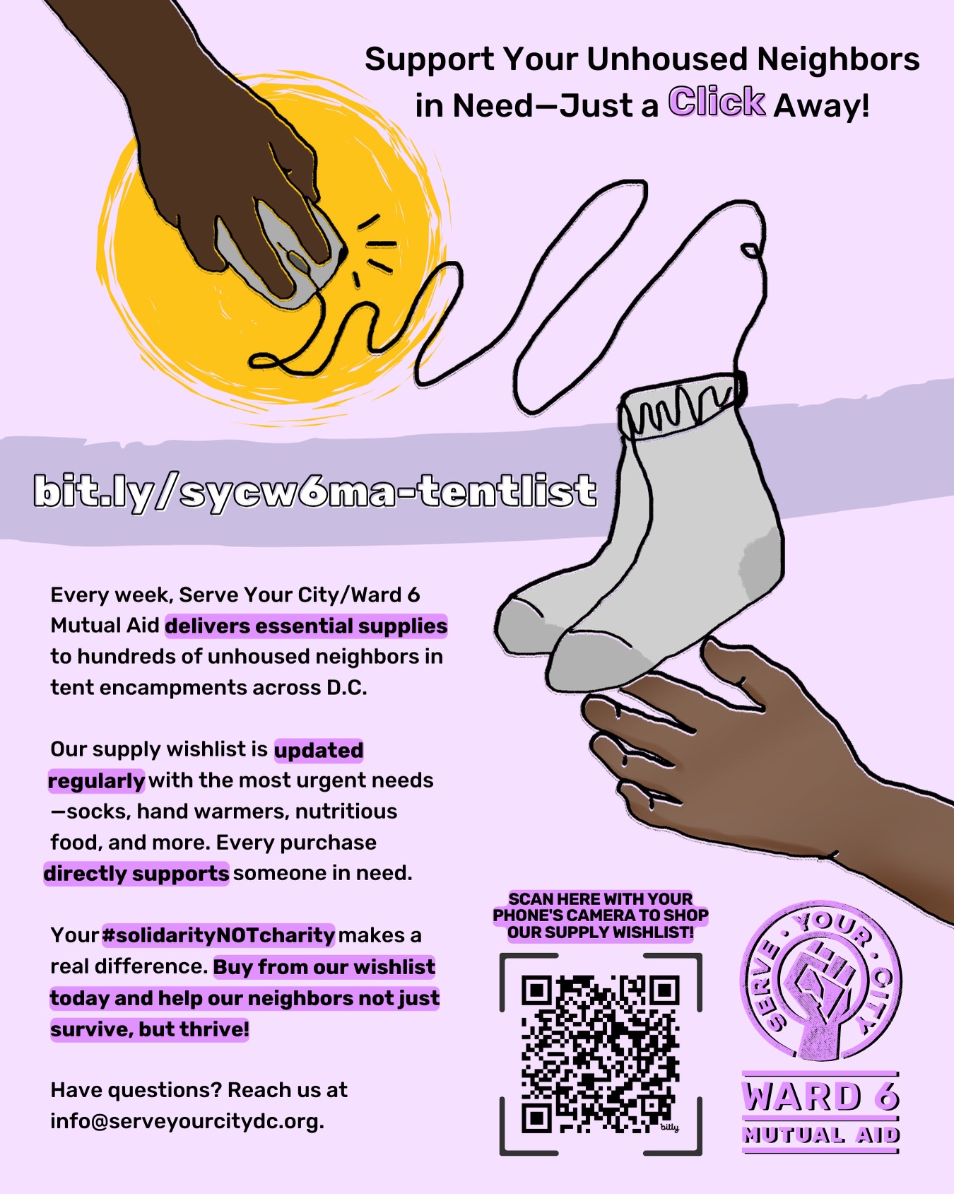 ‼️ Each week, #ServeYourCityDC/#Ward6MutualAid delivers essential supplies to unhoused neighbors living in tent encampments across Washington, DC. ➡️ From meals to sunscreen, socks, hygiene supplies, water, and other essentials, your support helps our neighbors not only survive but thrive.
💻 Your contributions make this vital work possible. Take action and show #solidarityNOTcharity:
📲 Shop our wishlist — bit.ly/sycw6ma-tentlist
📲 Donate directly — bit.ly/sycw6ma-donate
🔗 Both links are in our bio.
💛 Together, #WeKeepUsSafe