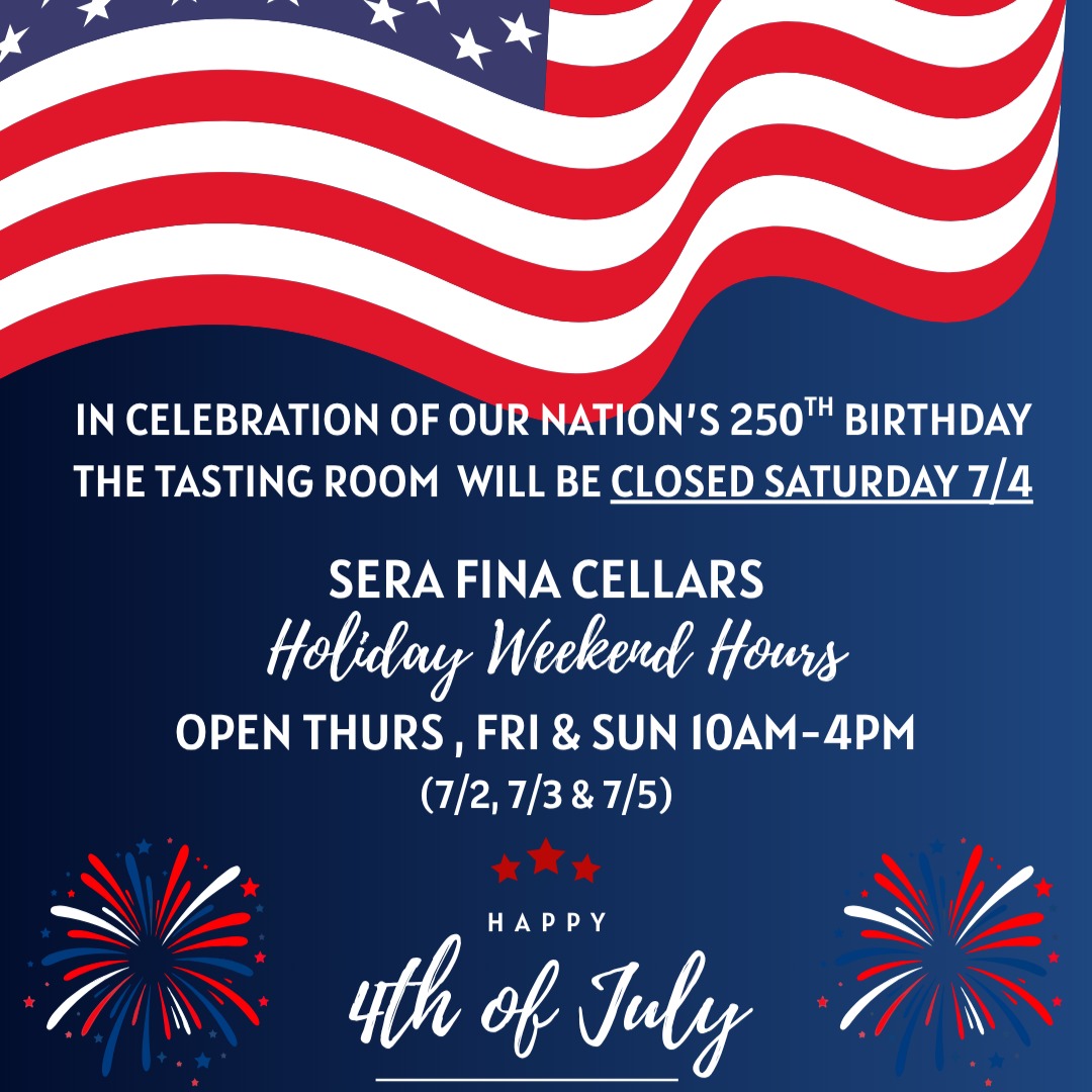 4th of July Holiday Weekend Hours
Open Thursday 7/2, Friday 7/3 & Sunday 7/5 10am-4pm
We are closed on Saturday July 4th!
#amadorwine #serafinacellars
