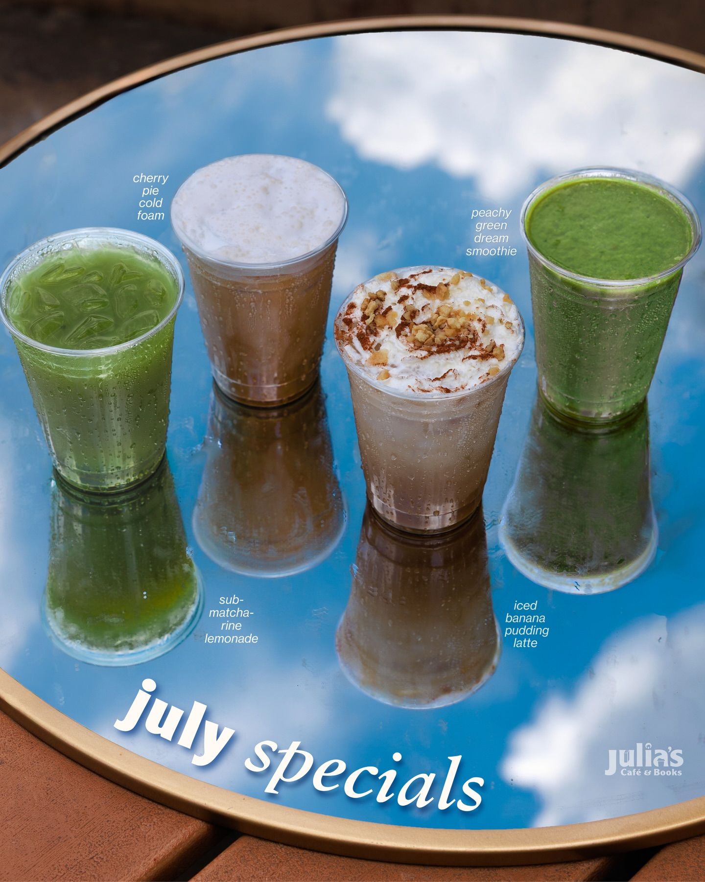 July specials have arrived! ☀️ Stop by this month and treat yourself to one (or all) of our limited-time summer drinks ✨
🍋 Yellow Sub-Matcha-rine Lemonade: Refreshing lemonade with passion fruit syrup and matcha.
🍒 Cherry Pie Cold Foam: Cherry, vanilla, and almond cold foam, available in dairy or non-dairy. Add it to any iced coffee or nitro cold brew.
🍌 Iced Banana Pudding Latte: Espresso with banana, vanilla, and cinnamon, topped with whipped cream and cookie crumbles.
🥭 Peachy Green Dream Smoothie: A refreshing blend of peach, mango, apple juice, and matcha.
Which one are you ordering first? 🩵