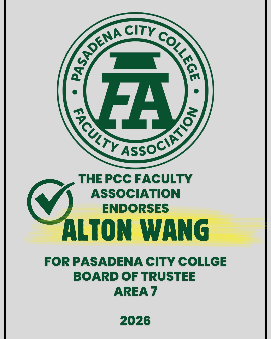 The PCCFA Endorses the following candidates for election to the Pasadena City College Board of Trustees for 2026! STEVE GIBSON for Area 3; ALTON WANG for Area 7; KRISTINE KWONG for Area 5. Join us in making sure these candidates are elected to the Pasadena City College Board of Trustees! #PCCFA @altonwang @kwongforpcc #SteveGibson #Pasadena
