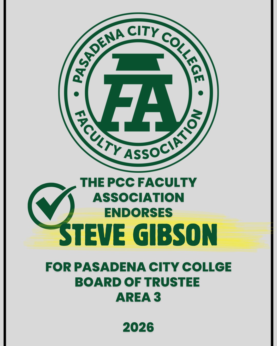 The PCCFA Endorses the following candidates for election to the Pasadena City College Board of Trustees for 2026! STEVE GIBSON for Area 3; ALTON WANG for Area 7; KRISTINE KWONG for Area 5. Join us in making sure these candidates are elected to the Pasadena City College Board of Trustees! #PCCFA @altonwang @kwongforpcc #SteveGibson #Pasadena