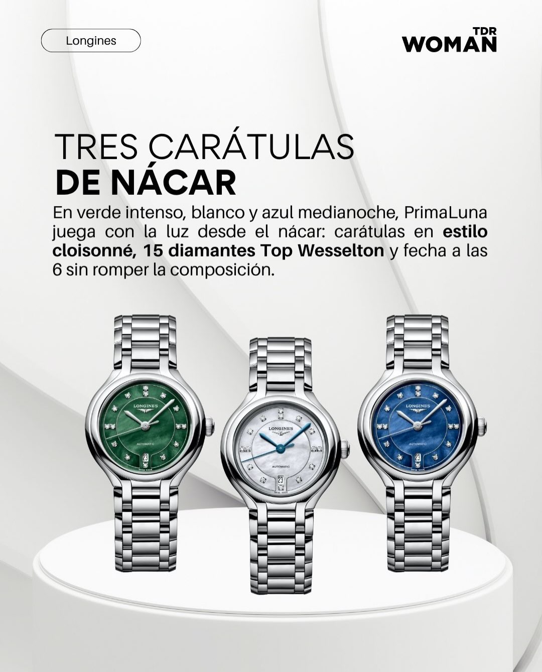 @longines brings PrimaLuna down to 30 mm with four versions that play with light across the dial: three come in intense green, white and midnight blue mother-of-pearl with cloisonné-style details and Top Wesselton diamonds, while the fourth swaps color for texture with a silver sunray dial and blue Roman numerals; all four carry the automatic L592.5 movement, visible through the transparent caseback, adding real mechanical weight to a small, luminous silhouette.
_____
@longines lleva PrimaLuna a 30 mm con cuatro versiones que trabajan la luz desde la carátula: tres apuestan por nácar en verde intenso, blanco y azul medianoche con estilo cloisonné y diamantes Top Wesselton, mientras la cuarta cambia el color por textura con carátula plateada, efecto rayos de sol y números romanos en azul; todas guardan el movimiento automático L592.5 visible por el fondo transparente, sumando mecánica real a una silueta pequeña y luminosa.
Lee la nota completa en nuestro link en bio.
#longines #primaluna #tdrwoman